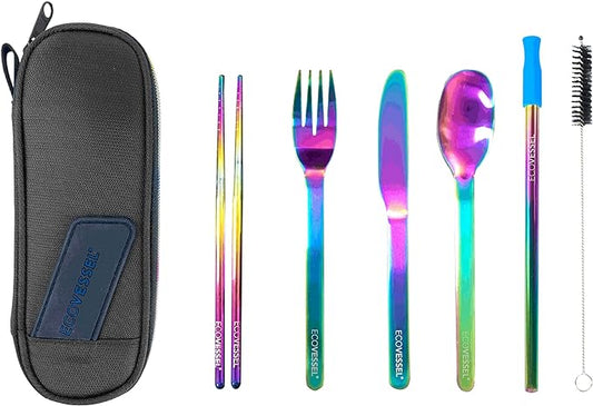 EcoVessel WANDERWARE Stainless Steel Utensils Set, Reusable Cutlery Set with Carry Case Camping Accessories, Travel Utensils With Case – 6 Pcs (Rainbow)
