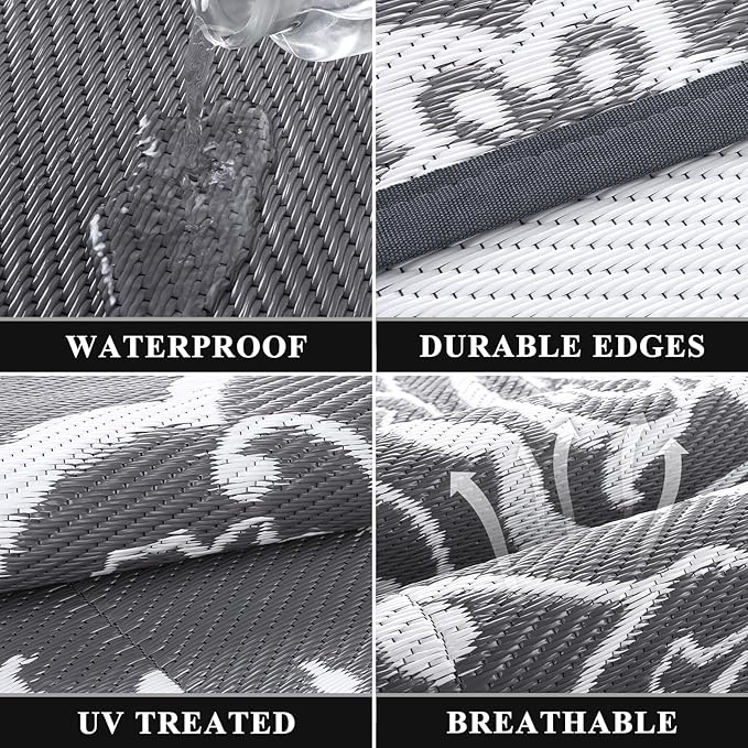 Pauwer Waterproof Outdoor Rug 5x8, Reversible Plastic Straw Patio Camping Rug, Indoor Outdoor RV Mat Carpet for Deck, Camper, Porch, Balcony, Backyard, Picnic, Boho Grey