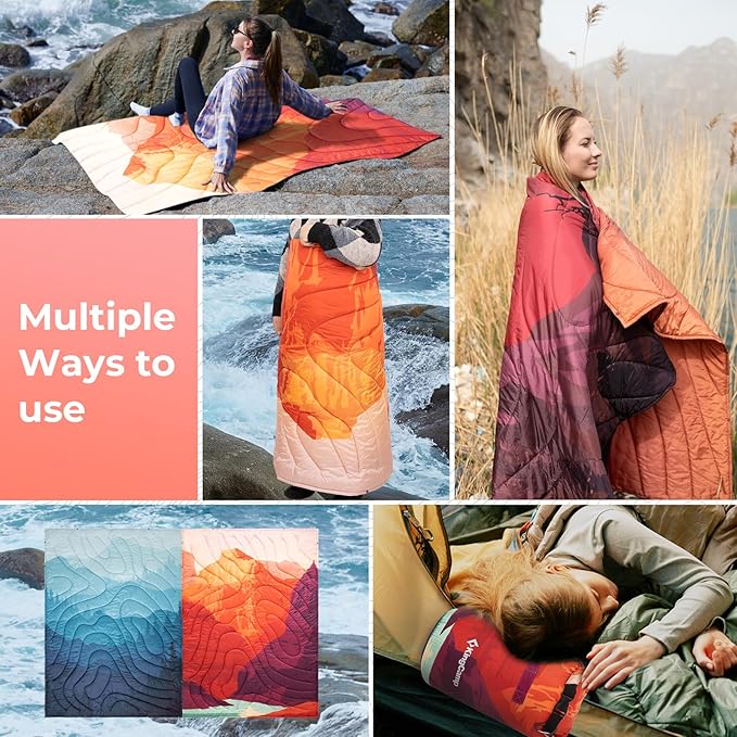 KingCamp Lightweight Camping Blanket - Puffy Printed Warm Camping Quilt with Snap Button - Portable for Travel, Hiking, Stadium, Airplane - 79" x 57" - Orange