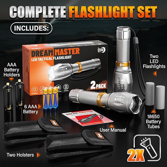 2 Pack LED Flashlights High Lumens with 6 AAA Batteries, 5 Modes Mini Waterproof Tactical Flashlight for Camping Hiking, Bright Flashlight with Zoomable, Fathers Day Dad Gifts for Men, Silver & Orange