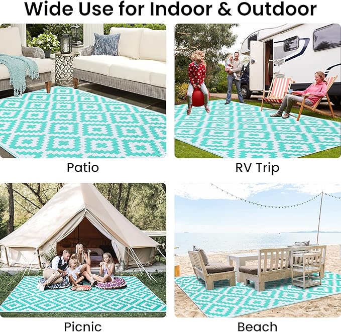 Smiry Waterproof Outdoor Rug 9x12 ft, Reversible Plastic Straw Patio Camping Rugs, Outdoor Indoor RV Mat Carpet for Patio, Outside Entry, Backyard, Deck, Bench, Picnic, Camper, White & Teal