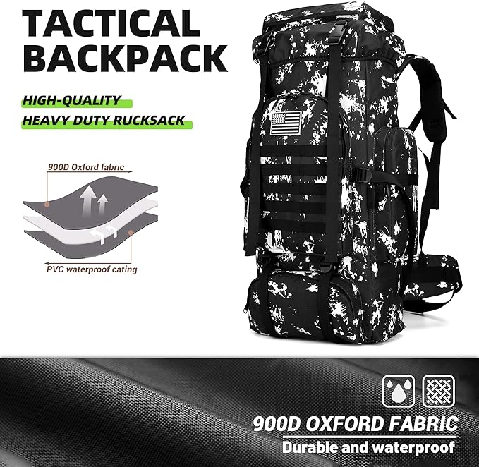 70L Camping Hiking Military Tactical Backpack Outdoor Water-Repellent Adjustable Sport Bags