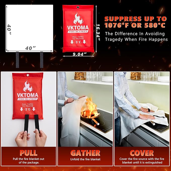 Fire Blankets Emergency for Home, Fire Blankets to Smother a Kitchen Fire, 40” x 40” Emergency Fire Blanket 6 Pack, Fiberglass Fire Blanket for Kitchen, Camping, Car, Picnic, Fireplace