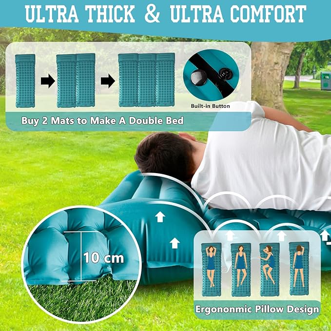 Camping Sleeping Pad, 4 Inch Inflatable Air Mattress Camping with Pillow Carry Bag, Backpacking Sleeping Mat Built-in Foot Pump Waterproof Sleeping Pad for Hiking,Camping, Traveling (Navy Blue)