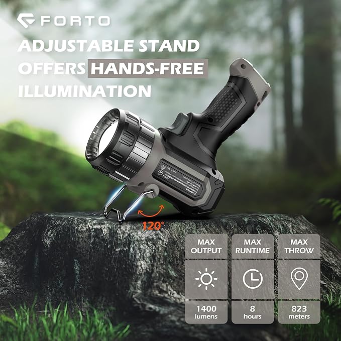 FORTO Compact Rechargeable Spotlight with Adjustable Focus, Handheld Spotlight with Stand, 823m Range, 3 Light Modes and LED Spot Lights Outdoor for Boating Hunting Camping Hiking,1400 Lumens