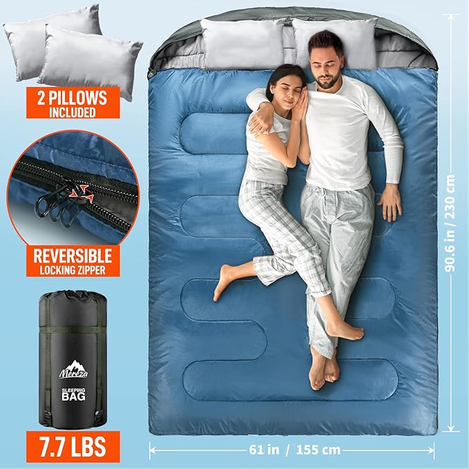 MEREZA Double Sleeping Bag for Adults Mens with Pillow, XL Queen Size Two Person Sleeping Bag for All Season Camping Hiking Backpacking 2 Person Sleeping Bags for Cold Weather & Warm