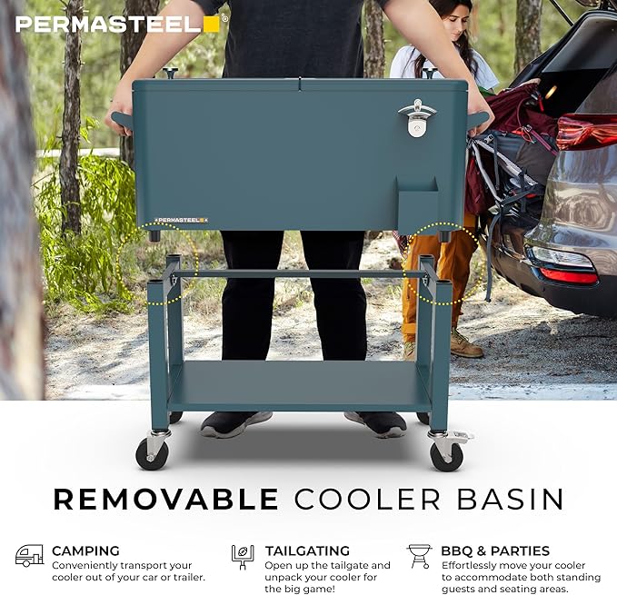 Permasteel 80-Qt Outdoor Patio Cooler with Removable Basin, Outside Beverage Cooler Cart, Rolling Cooler with Wheels and Handles, Teal Green