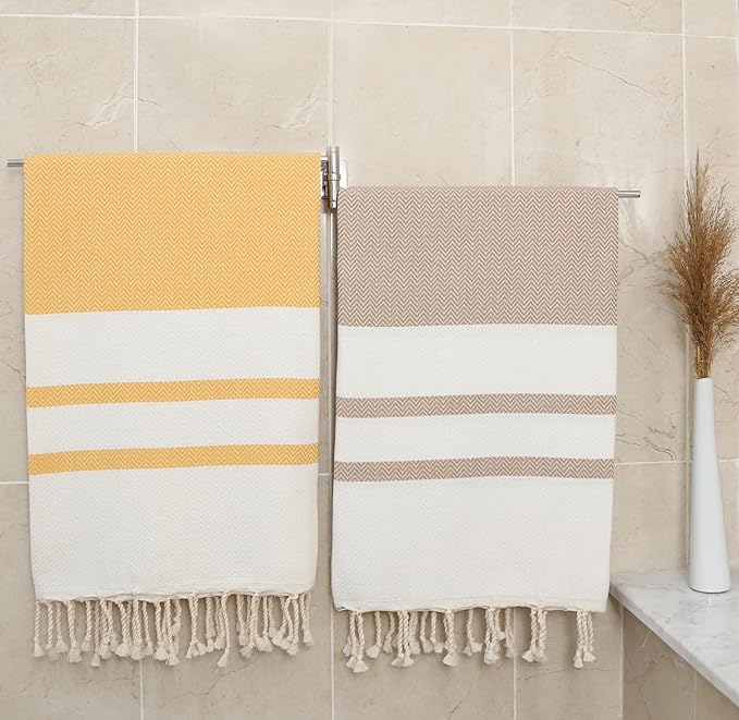 2 Pack Cotton Oversized Beach Towel Turkish Peshtemal Quick Dry Absorbent Lightweight Washable Sand Free Blanket Summer Camp Swim Pool Travel Compact (Caramel Beige and Gold Yellow)
