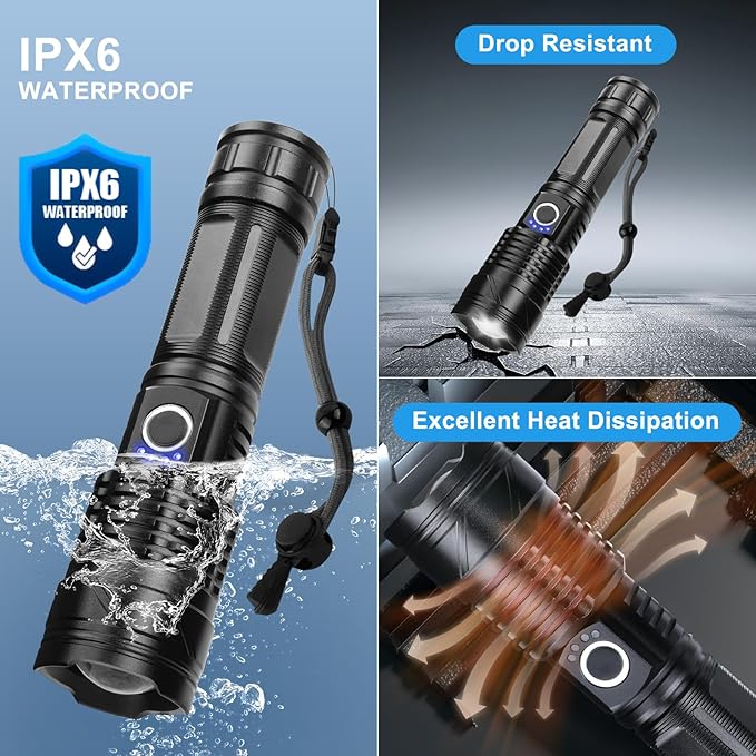 LED Flashlights High Lumens Rechargeable, 980,000 Lumens Super Bright Tactical Flashlight Powerful Flash Light with 5 Modes, 12H Running Time, IPX6 Waterproof Flashlight for Home Emergency