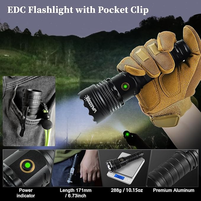 VASTFIRE World's Smallest & Brightest Flash Light 10,000 lumens 1-Mile Best Long Throw Spotlight Flashlights Most Powerful Flashlight High Lumens LEP + LED Combo