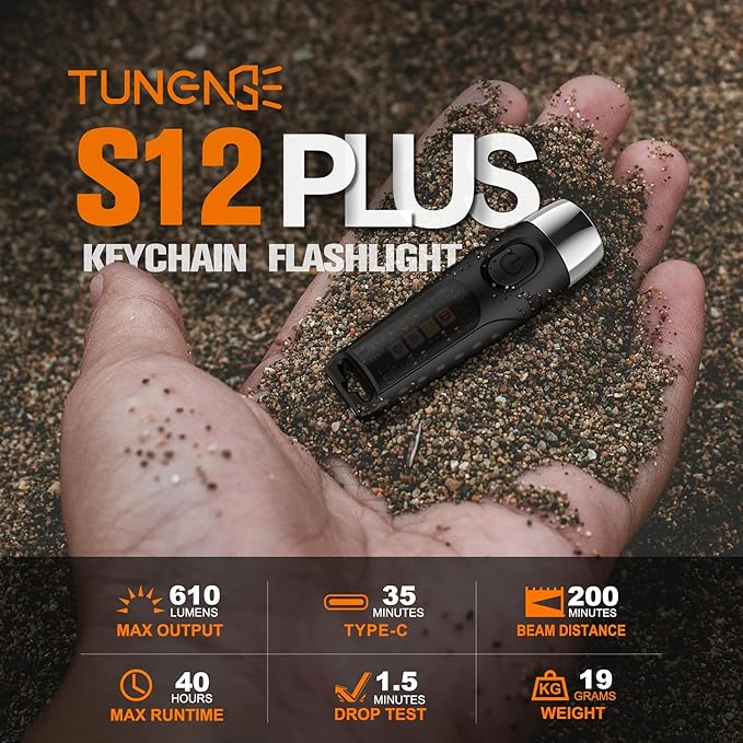 S12Plus Keychain Flashlight,610 High Lumen EDC Pocket Flashlight,USB C Rechargeable Mini LED Flashlight,Small Flashlight for Everyday use, Backpacking, Camping(Transparent Black)