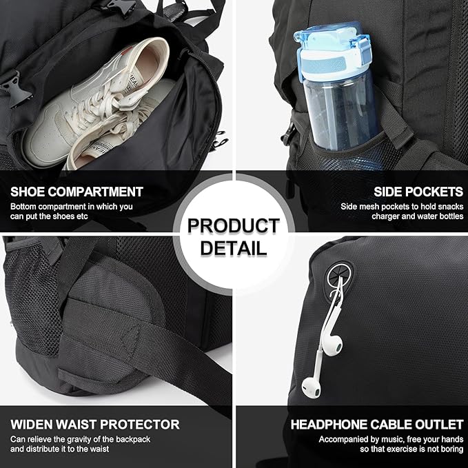 INOXTO 40L Hiking Backpack, Camping Backpack with Waterproof Rain Cover for Men, Outdoor Sport Travel Daypack for Climbing (065 Black)