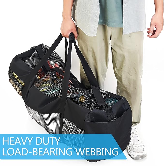MOOCY Mesh Duffel Bag, XL Heavy Duty Beach Totes with Side Pockets and Zipper for Dive, Scuba, Diving, Snorkeling Storage | Workout, Gym, Wrestling Bag