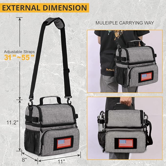 ATRIPACK 2 Compartment Lunch Bag for Men Adult, Tactical Lunch Box Leakproof Insulated Large Cooler Bag for Work with Adjustable Shoulder Strap Flag Double Layer Lunch Pail(Grey)