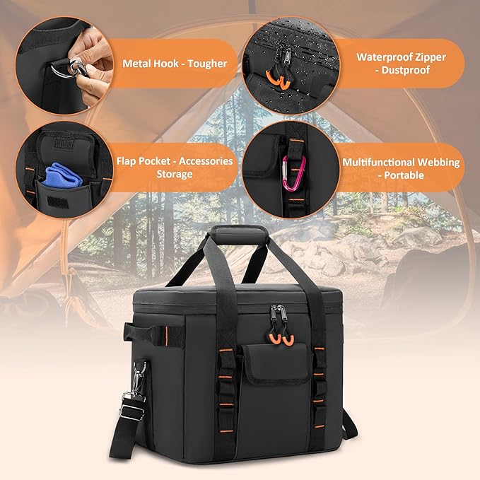 Trunab Moisture-Proof Camping Organizer and Storage Tote, Portable Outdoor Camping Bag with Adjustable Dividers and Insulated Compartment, for Hiking Cookware, Picnic, Grilling, Travel, Car, Black