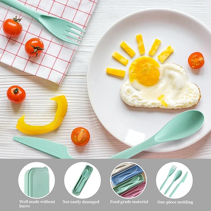 Reusable Travel Utensils Set with Case, 4 Pack Reusable Wheat Straw Portable Utensils Set with Case, Travel Utensils for Lunch, Camping, Picnic, Travel (Green, Pink, Blue, Beige)