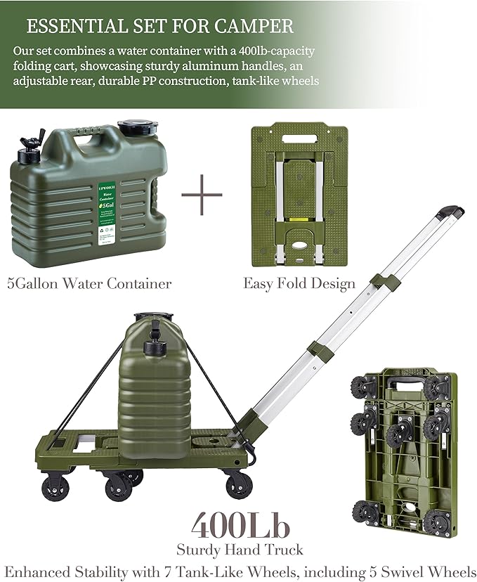 5 Gallon Water Jug and 400 LB Multifunctional Folding Hand Cart,Green Hand Truck,BPA Free Thickened Water Tank,Portable Luggage Cart with 7 Tank Wheels and 2 Bungee Cords,Essential for Camping Hiking