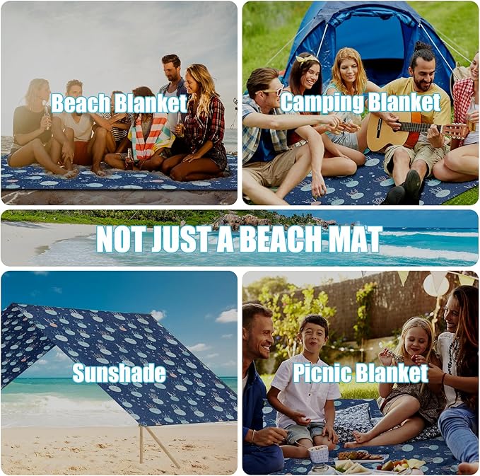 ISOPHO Beach Blanket Sand Proof, Pongee Picnic Blankets, Extra Large Beach Mat Quick Drying, Lightweight & Durable, Esentials for Outdoors, Travel, Beach Picnic, 79 x 87 Inches, Jellyfish Print