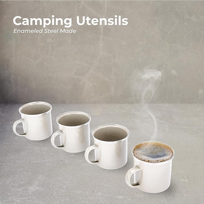 Libken Camping Mugs Enamel - 3x5x3-Inch Hot and Cold Beverage Coffee Mug - Set of 4 Enameled Steel Cups - Versatile Enamel Mugs with Comfortable Handle for Camping or Cozy Morning at Home - Beige