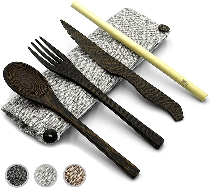 Jungle Culture® Premium Wooden Travel Utensils • Knife, Fork, Spoon, Straw, Case • Eco Friendly Alternative to Bamboo Cutlery • Coconut Bowls Zero Waste Reusable Flatware • Portable Camping Picnic Set