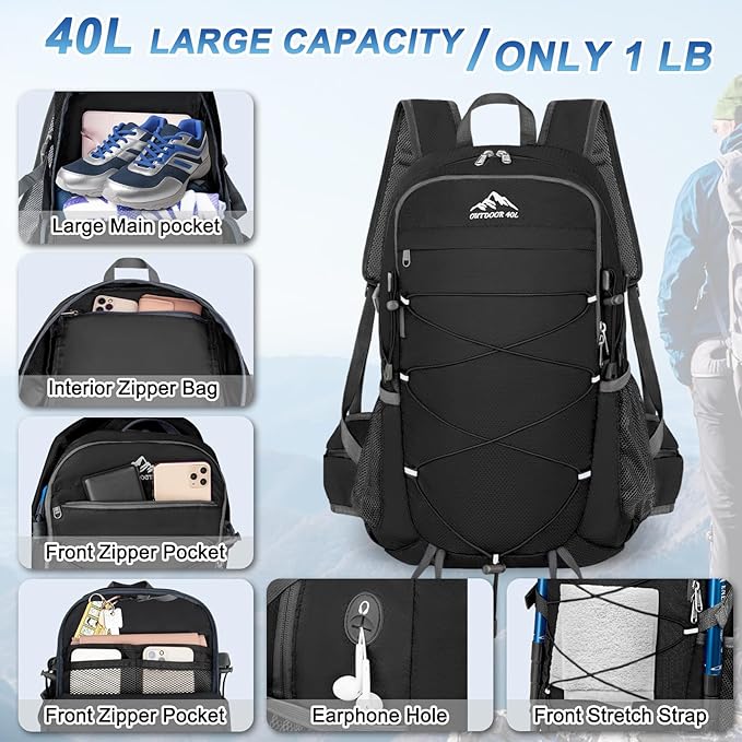 BKNOOU 40L Lightweight Hiking Backpack Packable Camping Backpack Waterproof Hiking Daypack Men Women Foldable Travel Daypack