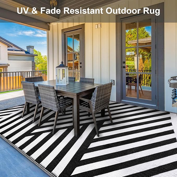 Outdoor Patio Plastic Straw Rug - 9'x18' Outdoor Camping Rug Waterproof Reversible, Area Carpet Patios Clearance RV, Outside Porch Balcony Deck for Camper, White & Black