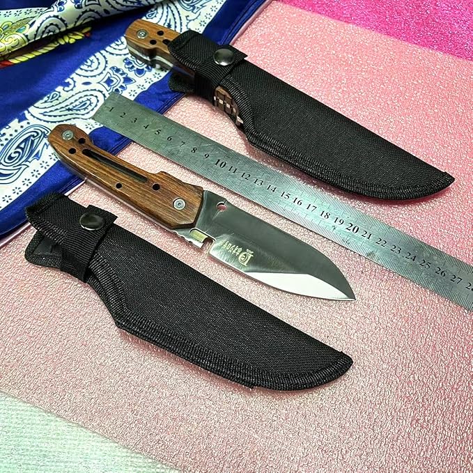 HelloWZXD Bushcraft Knife Full Tang Bush Knife - 0.2’’ Thick Fixed Blade Knife Stainless Steel - 9” Camping Knife w Sheath - Survival Hiking Hunting Camping Knives & Bushcraft Tool, wood