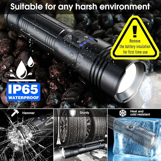 HAUSBELL Rechargeable LED Flashlights High Lumens, 20000 Lumens Super Bright Zoomable Waterproof Flashlight with 5 Modes, Input and Output, Powerful Handheld Flashlight (A300-1 Pack)