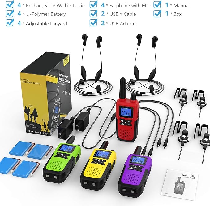 4 Rechargeable Walkie Talkies for Adults Long Range - Long Distance 2 Way Radios Walkie Talkies 4 Pack Work Walkie Talkies with Earpiece and Mic Set Headsets USB Charger Battery NOAA Weather Radio
