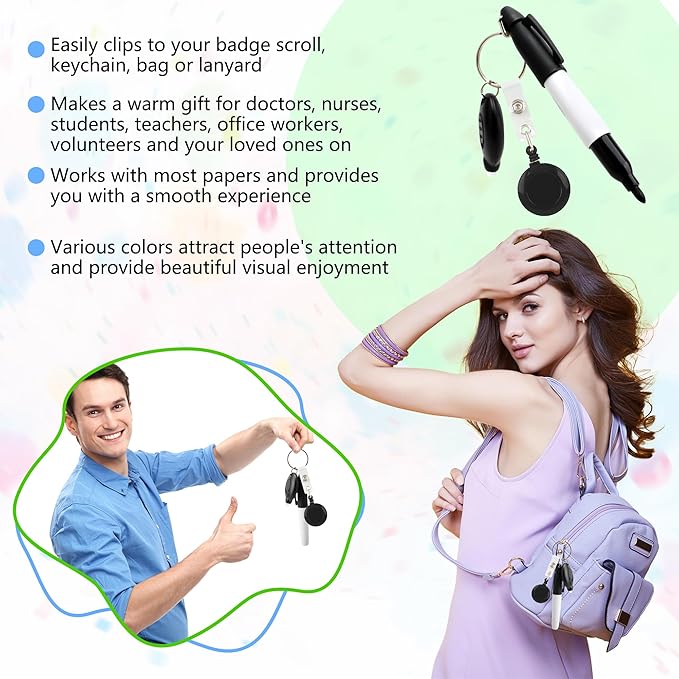 24 Pcs Mini LED Keychain Flashlights Permanent Marking Pens Badge Reel Mini LED Keychain Black Keychain Marker Pen