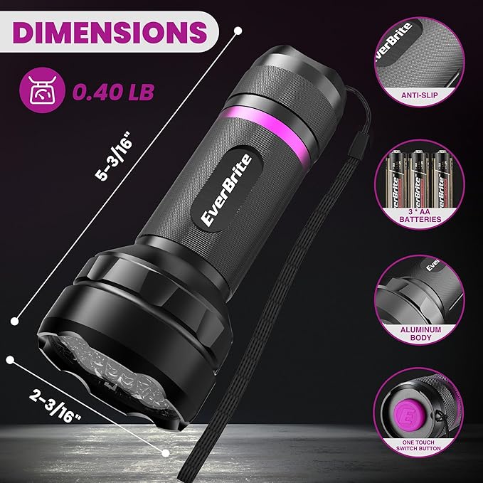 EverBrite LED Flashlight, Multifunctional Flashlight with UV and White Light, 395nm Black Light, 300 Lumens High Powered Flashlight for Camping, Emergencies, Pet Urine Stains, AA Batteries Included