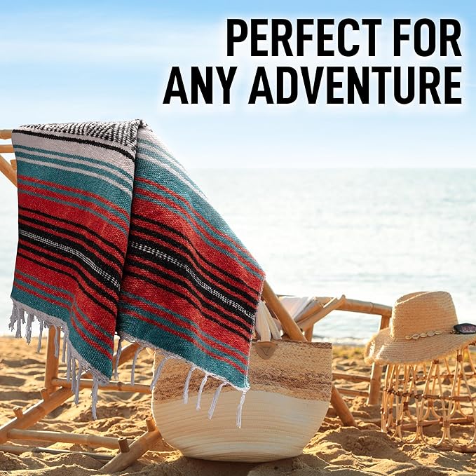 Authentic Large Handwoven Mexican Blanket - Soft Yoga Blanket - Durable Serape Blanket - Lightweight Falsa Blanket, Beach Blanket, Camping Blanket, Picnic Blanket, Outdoor Blanket 70"x50" - Mandarin