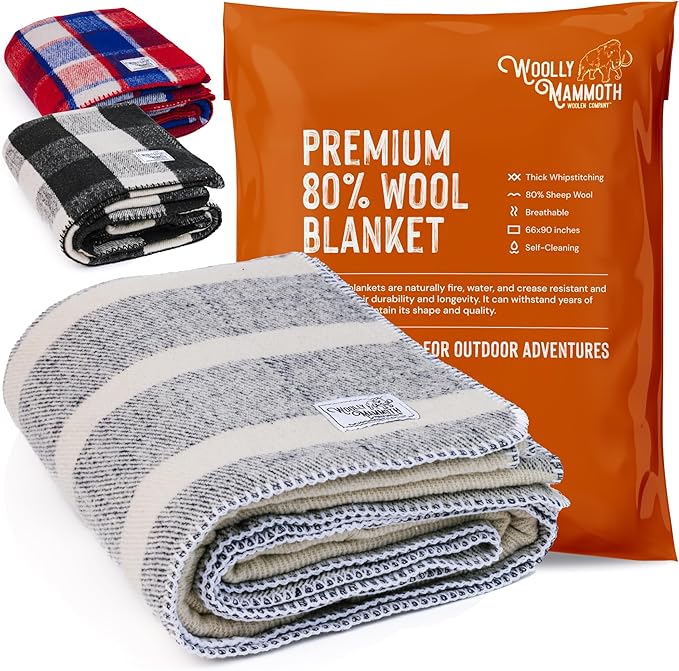 Woolly Mammoth Merino Wool Blanket- 66" x 90" 4 lbs Thick, Outdoor/Indoor Throw for Campfire, Picnic, Beach, Van Life, Home- Farmhouse Collection Heavy Duty Insulating Sleep Plaid, Navy/Cream Stripe