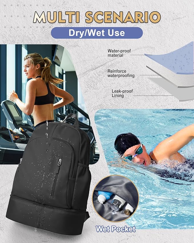 Gym Backpack for Women Men, Lightweight Gym Bag with Shoe Compartment, Waterproof Sports Backpack with Wet Pocket, Black