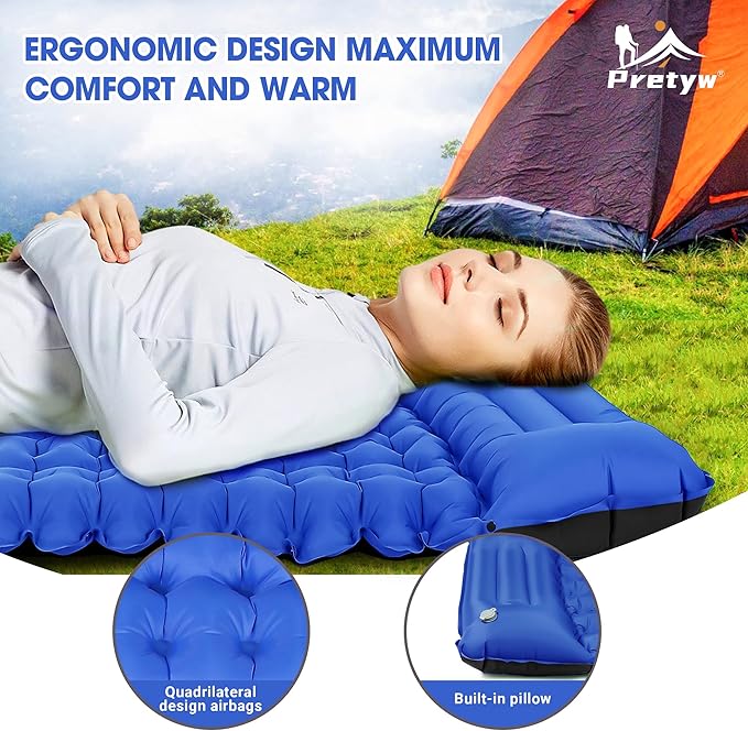 Sleeping Pad for Camping - Ultralight Camping Mattress with Pillow, Built-in Foot Pump, Compact Self-Inflatable Portable Camping Mat for Backpacking, Hiking, Car Traveling, Beach, Tent