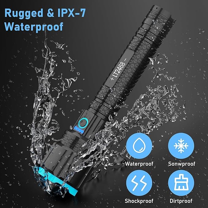 Rechargeable LED Flashlight High Lumen, Powerful 900000 Lumens Super Bright Flashlights, Zoomable Long Handheld Tactical Flash Light for Camping Hiking Emergency Power Bank
