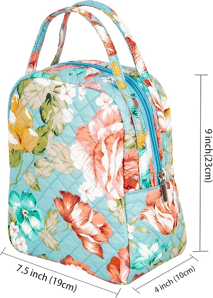 Machine Washable Women Quilted Fabric Insulated Reusable Cooler Lunch Bag Tote Adult Thermal Lunch Box Storage Bag for Work (Floral)