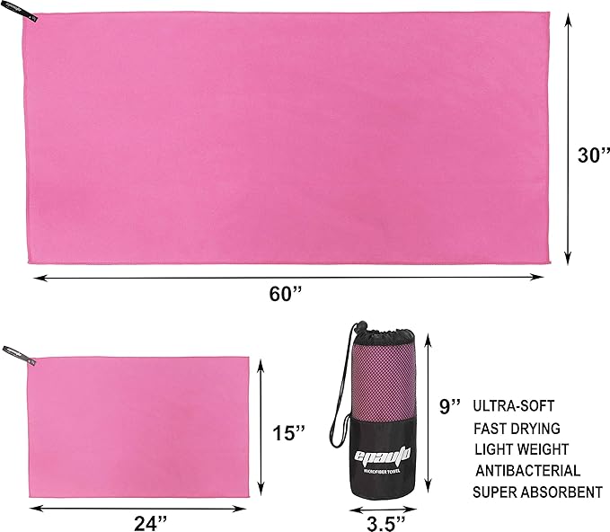 EPAuto 2-Pack Microfiber Fast Drying Travel Gym Towels, Pink, (60''x30'', 24''x15'')