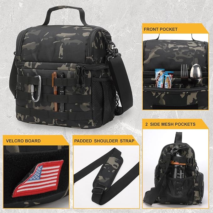 ATRIPACK 2 Compartment Lunch Bag for Men Adult, Tactical Lunch Box Leakproof Insulated Large Cooler Bag for Work with Adjustable Shoulder Strap Flag Double Layer Lunch Pail(Camo-Black)