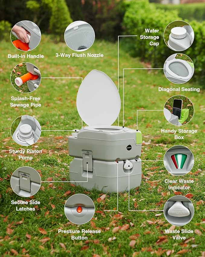 DARTMOOR Portable Toilet, 5.8 gal. RV Toilet for Camping, Outdoor Toilet with Diagonal Seating Piston Pump Sewage Port, Lightweight HDPE Camping Toilet for Hiking Construction Site Road Trip Boating