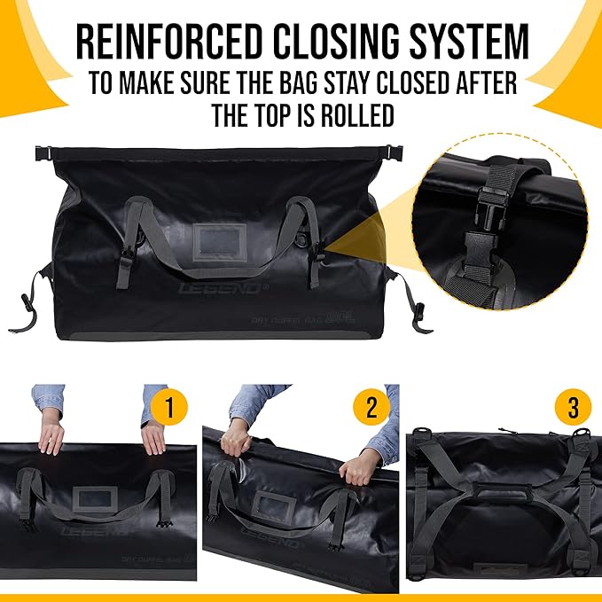 LEGEND Waterproof Duffel Bag - Heavy Duty Duffle Bag for Outdoor, Camping, Boating & Travel, Premium PVC Dry Duffel Bag, Motorcycle Dry Bag with Durable Strap & Handles with Large Storage - 80L Black