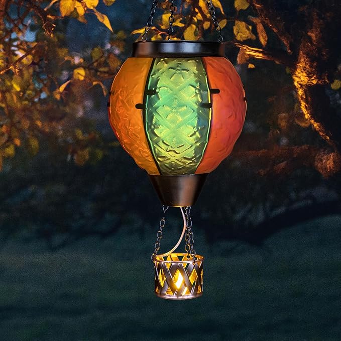 Hot Air Balloon Solar Lantern with Flickering Flame Hanging Solar Lanterns Outdoor Lights Waterproof Lanterns Decorative Garden Patio Yard Party Decor Colorful