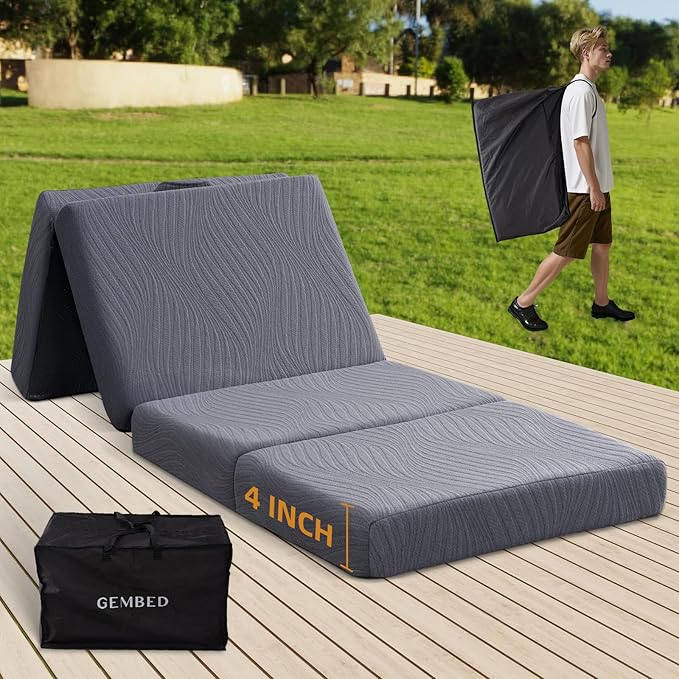 Memory Foam Camping Mattress Pad, 4 Inch Thick Waterproof Foldable Sofa Bed Floor Mattress, Portable Sleeping Pad for Adult, Sleeping Mat for Travel RV Camping Guest Yoga