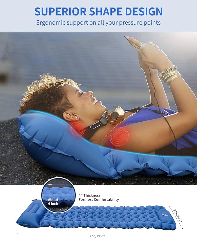 Sleeping Pad for Camping 78''X28'', Camping Sleeping Pad with Pillow Built-in Pump, Camping Air Mattress for Backpacking, Traveling Navy Blue