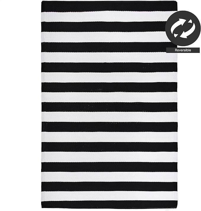 FH Home Outdoor Camping Rug - Waterproof, Fade Resistant, Reversible - Premium Recycled Plastic - Striped - Large Patio, Deck, Sunroom, RV - Brittany Stripe - Black & White - 9 x 12 ft Foldable