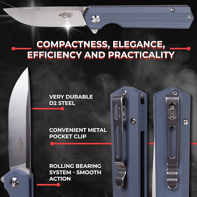 Firebird GANZO FH11S-GY Pocket Folding Knife Ball Bearing D2 Steel Blade G10 Anti-Slip Handle with Clip Hunting Fishing Gear Camping Outdoor Folder EDC Pocket Knife (Gray)