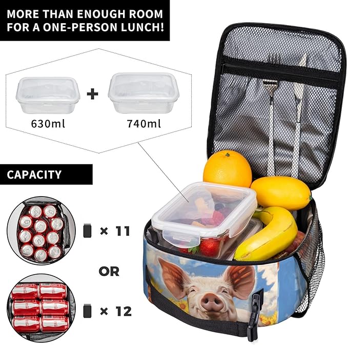 SARA NELL Funny Pig Lunch Bag, Reusable Insulated Lunch Cooler Box, Leakproof Thermal Lunch Bags for Work, Picnic, School or Travel, Multicolor, Animal Print