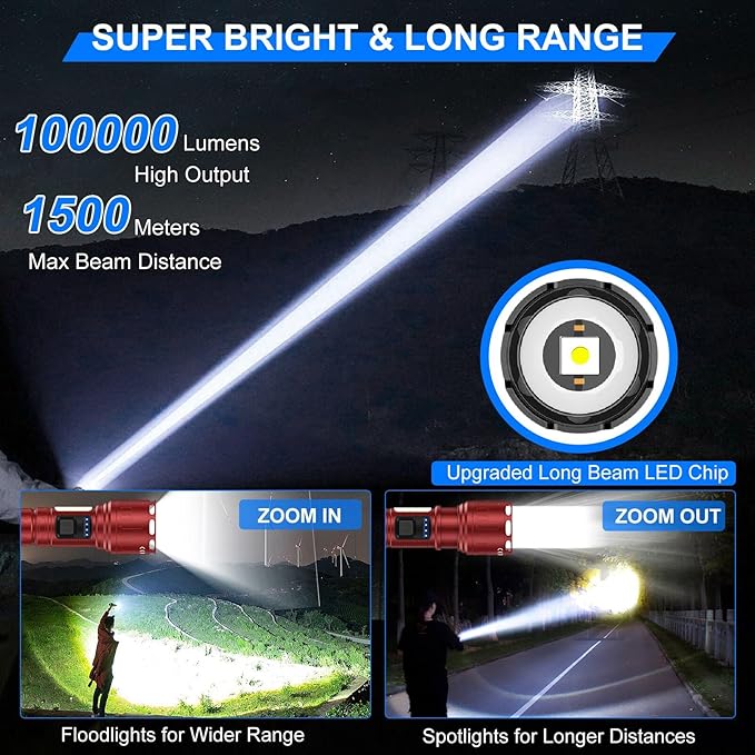 Rechargeable Magnetic Flashlights 100,000 High Lumens, Super Bright LED Powerful Flashlight 8 Modes with COB Work Light, Waterproof Handheld Flash Light for Camping (2 Pack with Paper Box, Red)