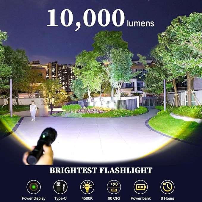 VASTFIRE World's Smallest & Brightest Flash Light 10,000 lumens 1-Mile Best Long Throw Spotlight Flashlights Most Powerful Flashlight High Lumens LEP + LED Combo