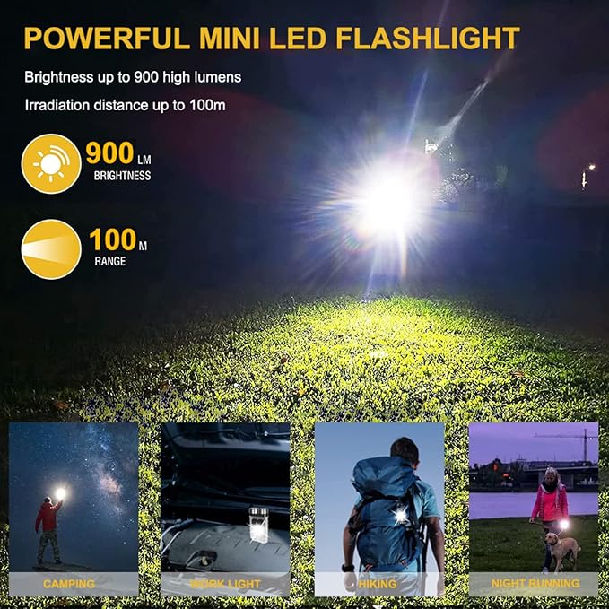 EDC Flashlight Rechargeable, 10 Modes LED Mini Keychain Flashlights High Lumens, 900 Lumens Pocket Flash Light with UV Red Blue Side Light, Waterproof Small Flashlights for Camping Hiking Emergencies